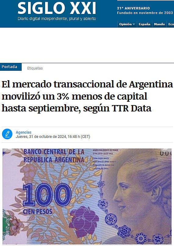 El mercado transaccional de Argentina moviliz un 3% menos de capital hasta septiembre, segn TTR Data